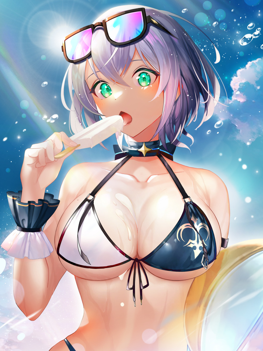 1girl absurdres ball beach beachball bikini breasts dripping enomi-illust eyewear_on_head food green_eyes highres hololive hololive_fantasy ice_cream large_breasts licking melting shirogane_noel sunglasses sunlight swimsuit undersized_clothes virtual_youtuber