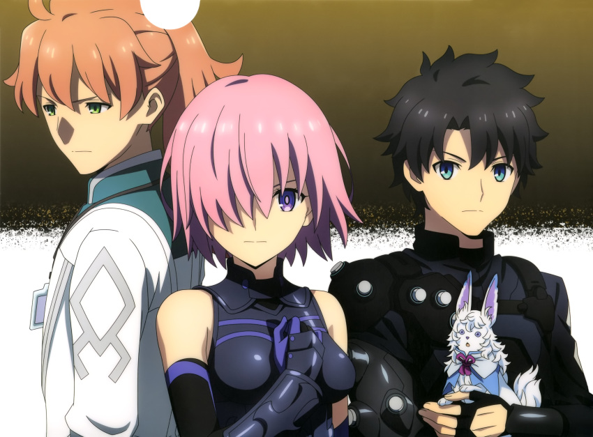 1girl 2boys absurdres aqua_inc. armor brown_hair fate/grand_order fate_(series) fou_(fate) fujimaru_ritsuka_(male) highres looking_at_viewer magazine_scan mash_kyrielight multiple_boys newtype official_art pink_hair romani_archaman scan short_hair textless two-tone_background