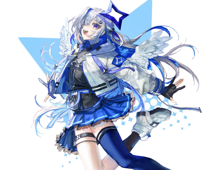1girl amane_kanata angel angel_wings belt black_gloves blue_belt blue_eyes blue_gloves blue_hair blue_skirt eyebrows_visible_through_hair eyes_visible_through_hair fingerless_gloves fingernails floating floating_object frilled_skirt frills gloves hair_ornament hair_over_one_eye hairclip highres hololive hood hood_down hooded_jacket jacket jewelry long_hair multicolored multicolored_eyes multicolored_hair necklace open_clothes open_jacket open_mouth partially_fingerless_gloves pouch quasarcake shoes single_thighhigh skirt smile sneakers socks solo star_(symbol) star_hair_ornament teeth thigh-highs thigh_strap tongue turtleneck upper_teeth violet_eyes white_footwear white_hair wings zipper