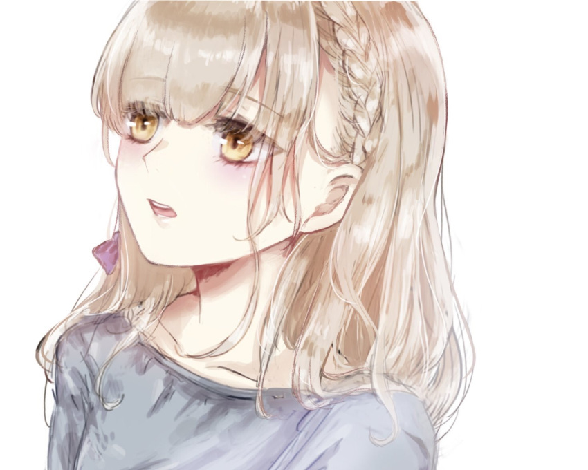 1girl :o bangs blonde_hair braid briar_rose_(sinoalice) close-up hair_between_eyes hair_ribbon hospital_gown looking_to_the_side open_mouth portrait ribbon rico_tta short_hair simple_background sinoalice teeth white_background yellow_eyes
