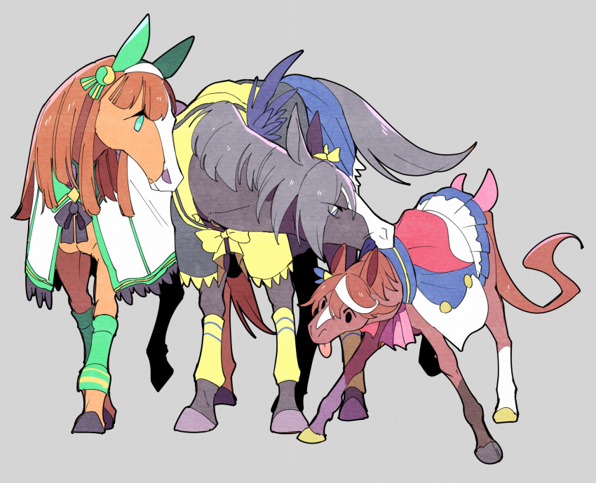 3girls adapted_costume air_groove_(umamusume) animalization aqua_eyes ascot bangs blunt_bangs bow bowtie brown_hair ear_bow ear_covers grey_bow grey_hair grey_neckwear hairband highres horse multicolored_hair multiple_girls silence_suzuka_(umamusume) streaked_hair takatsuki_nato tokai_teio_(umamusume) tongue tongue_out two-tone_hair umamusume white_hair younger