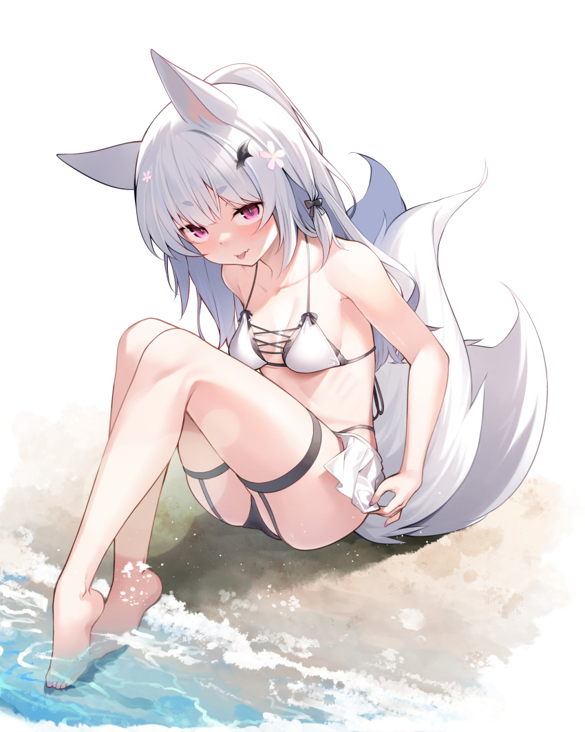 1girl :p absurdres animal_ears bangs barefoot beach bikini blush breasts eyebrows_visible_through_hair fang fox_ears fox_tail highres looking_at_viewer miniskirt multiple_tails nekomu original red_eyes sitting skin_fang skirt small_breasts solo swimsuit tail thick_eyebrows tongue tongue_out water white_hair