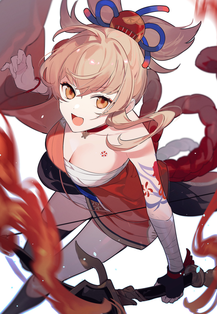 1girl absurdres arm_tattoo bandages black_gloves blonde_hair bow_(weapon) breasts chest_tattoo fingerless_gloves fire genshin_impact gloves hair_ornament highres holding holding_bow_(weapon) holding_weapon huge_filesize japanese_clothes kimono looking_at_viewer open_mouth orange_eyes sarashi shuukenyuu single_fingerless_glove smile solo tattoo tied_hair weapon yoimiya_(genshin_impact)