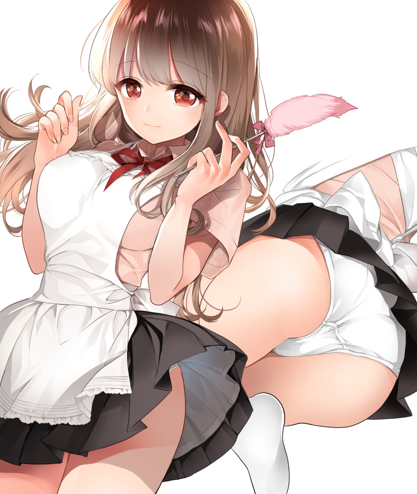 1girl apron ass back_bow bangs black_skirt bow breasts brown_hair brown_shirt closed_mouth clothes_lift commentary_request commission edoya_pochi eyebrows_visible_through_hair feather_duster highres holding_duster large_breasts long_hair multiple_views original panties pleated_skirt red_eyes shirt sidelocks skeb_commission skirt skirt_lift smile socks standing thighs underwear white_background white_legwear white_panties