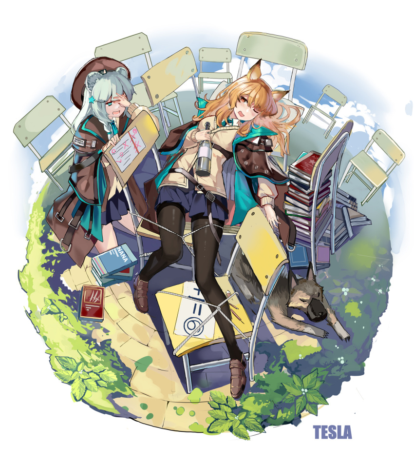 2girls alcohol animal_ears aqua_hair arknights artist_name bear_ears black_legwear black_skirt book bottle braid brown_cape brown_eyes brown_footwear brown_hair cape ceobe_(arknights) commentary_request dog dog_ears eyebrows_visible_through_hair full_body hair_ornament highres holding holding_bottle istina_(arknights) loafers long_hair looking_at_another lying multiple_girls necktie on_back one_eye_closed pantyhose parted_lips pleated_skirt qihai_lunpo shoes single_braid skirt star_(symbol) star_hair_ornament white_background