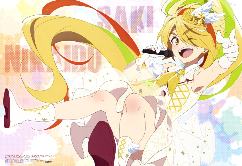 1girl :d ;d absurdres blonde_hair boots collared_shirt eyebrows_visible_through_hair full_body hair_ornament highres holding holding_microphone magazine_scan microphone mori_yuusa multicolored_hair music newtype nikaidou_saki official_art one_eye_closed open_mouth pointing pointing_at_viewer romaji_text scan shirt singing sleeveless sleeveless_shirt smile solo star_(symbol) star_hair_ornament talking thick_eyebrows white_footwear wing_hair_ornament zombie_land_saga