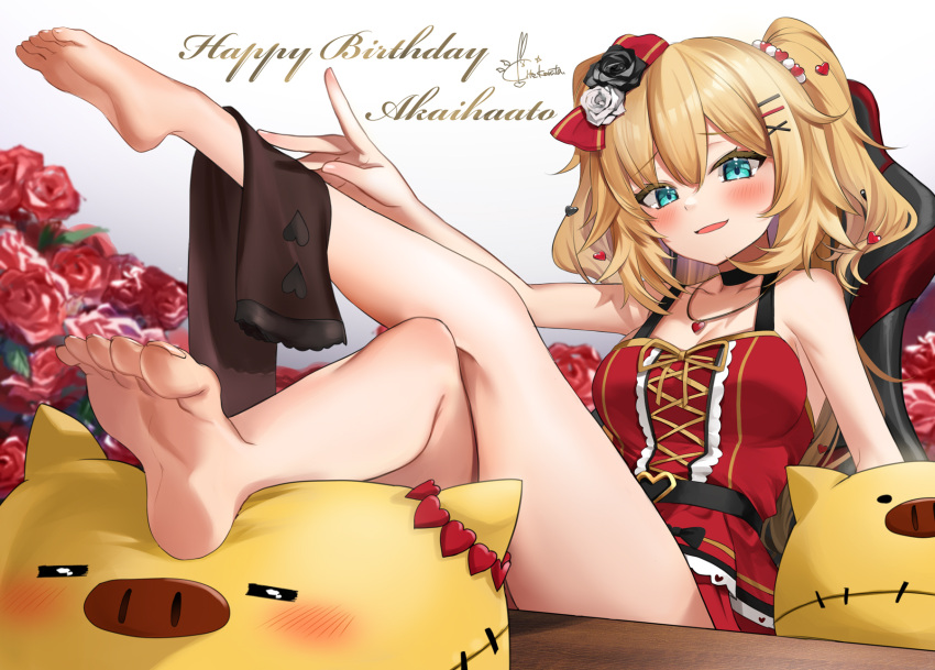 1girl akai_haato bangs bare_legs bare_shoulders barefoot black_choker blonde_hair blue_eyes blush bow breasts brown_legwear character_name choker commentary_request crossed_legs dress eyebrows_visible_through_hair feet flower haaton_(akai_haato) hair_between_eyes hair_bow hair_ornament hairclip hand_up happy_birthday heart heart_hair_ornament heart_necklace highres hololive kito_koruta legs_up long_hair looking_at_viewer medium_breasts on_chair parted_lips red_bow red_dress red_flower red_rose rose sitting sleeveless sleeveless_dress smile soles thighhighs_removed toes two_side_up virtual_youtuber x_hair_ornament