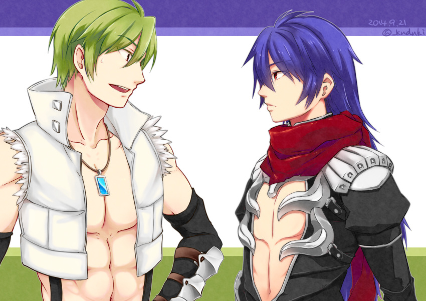 2boys abs armor assassin_cross_(ragnarok_online) bangs black_gloves black_shirt blue_hair commentary_request crop_top dated eremes_guile eyebrows_visible_through_hair gauntlets gloves green_hair hair_between_eyes howard_alt-eisen jewelry kuzuki_(ray) long_hair looking_at_another looking_to_the_side male_focus multiple_boys necklace open_clothes open_mouth open_shirt parted_lips pauldrons ragnarok_online red_eyes red_scarf scarf shirt short_hair shoulder_armor suspenders torn_clothes torn_scarf torn_shirt twitter_username upper_body white_shirt whitesmith_(ragnarok_online)