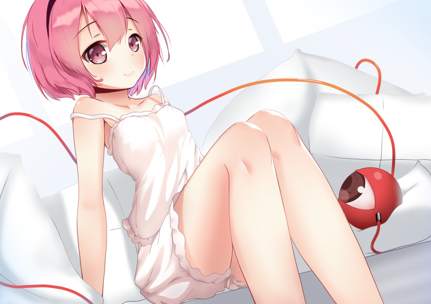 1girl absurdres arm_support bangs bare_shoulders black_hairband bloomers blush breasts collarbone commentary_request dress dutch_angle eyeball eyebrows_visible_through_hair feet_out_of_frame hair_between_eyes hairband highres indoors ke-ta_(style) komeiji_satori mantou_xiang pink_eyes pink_hair short_hair sitting small_breasts smile solo strap_slip third_eye touhou underwear white_dress