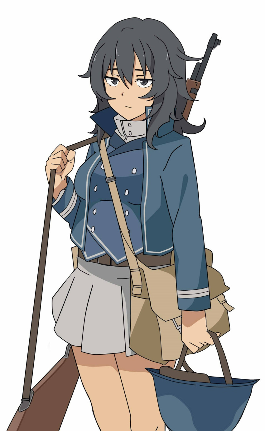 1girl andou_(girls_und_panzer) bag bangs bc_freedom_military_uniform belt black_hair blue_jacket blue_vest brown_belt brown_eyes carrying closed_mouth cowboy_shot dark-skinned_female dark_skin dress_shirt girls_und_panzer gun half-closed_eyes headwear_removed helmet helmet_removed high_collar highres holding holding_helmet jacket light_frown long_sleeves looking_at_viewer medium_hair messy_hair military military_uniform miniskirt perfect_han pleated_skirt rifle satchel shirt simple_background skirt solo standing uniform vest weapon white_background white_shirt white_skirt