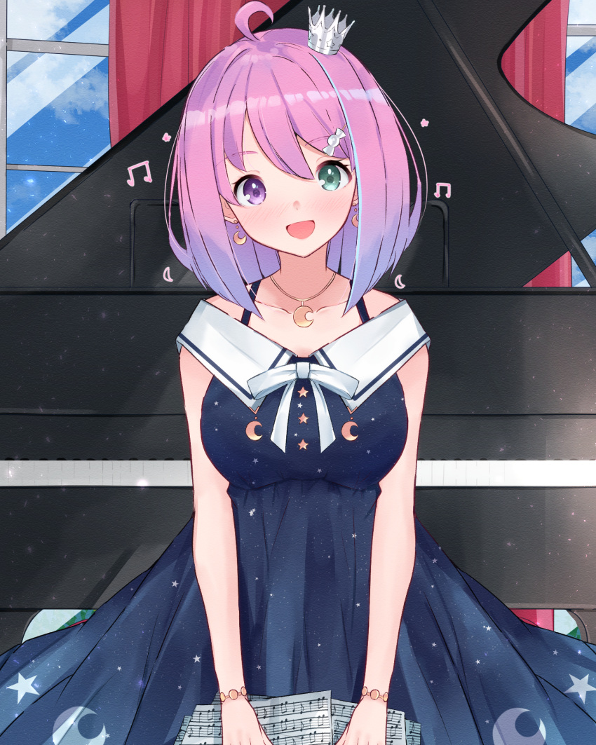 1girl :d ahoge bare_arms blue_dress bob_cut bracelet breasts candy_hair_ornament crescent crescent_earrings crown dress earrings food-themed_hair_ornament gradient_hair grand_piano green_eyes hair_ornament hairclip heterochromia highres himemori_luna hololive instrument jewelry large_breasts looking_at_viewer mi_taro333 mini_crown multicolored_hair musical_note off-shoulder_dress off_shoulder open_mouth piano pink_hair princess purple_hair sailor_collar sailor_dress short_hair smile solo tilted_headwear violet_eyes virtual_youtuber