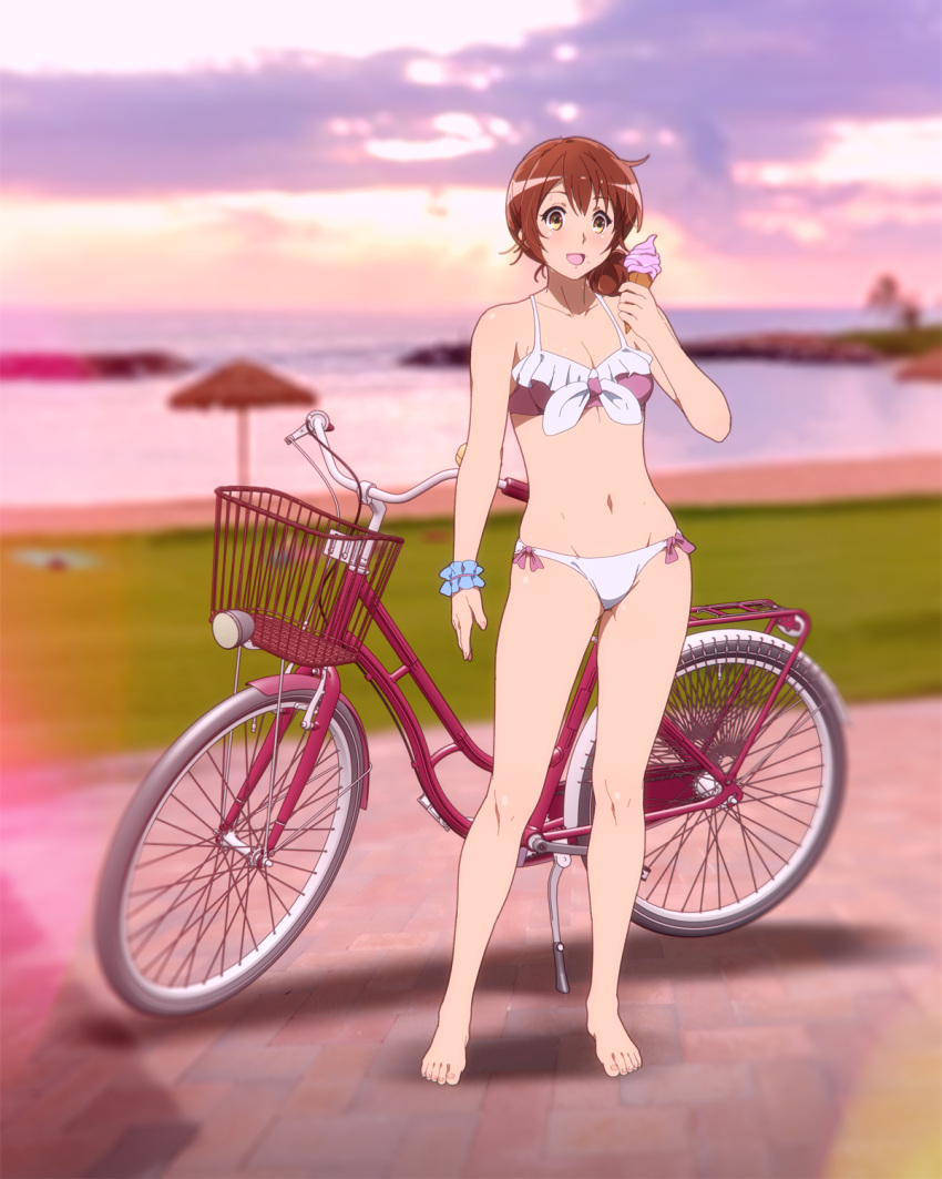 1girl bare_arms bare_legs bare_shoulders barefoot bicycle bikini bikini_bottom bikini_top brown_eyes brown_hair curly_hair feet food full_body ground_vehicle hibike!_euphonium highres ice_cream looking_at_viewer navel open_mouth oumae_kumiko sbel02 short_hair swimsuit white_bikini