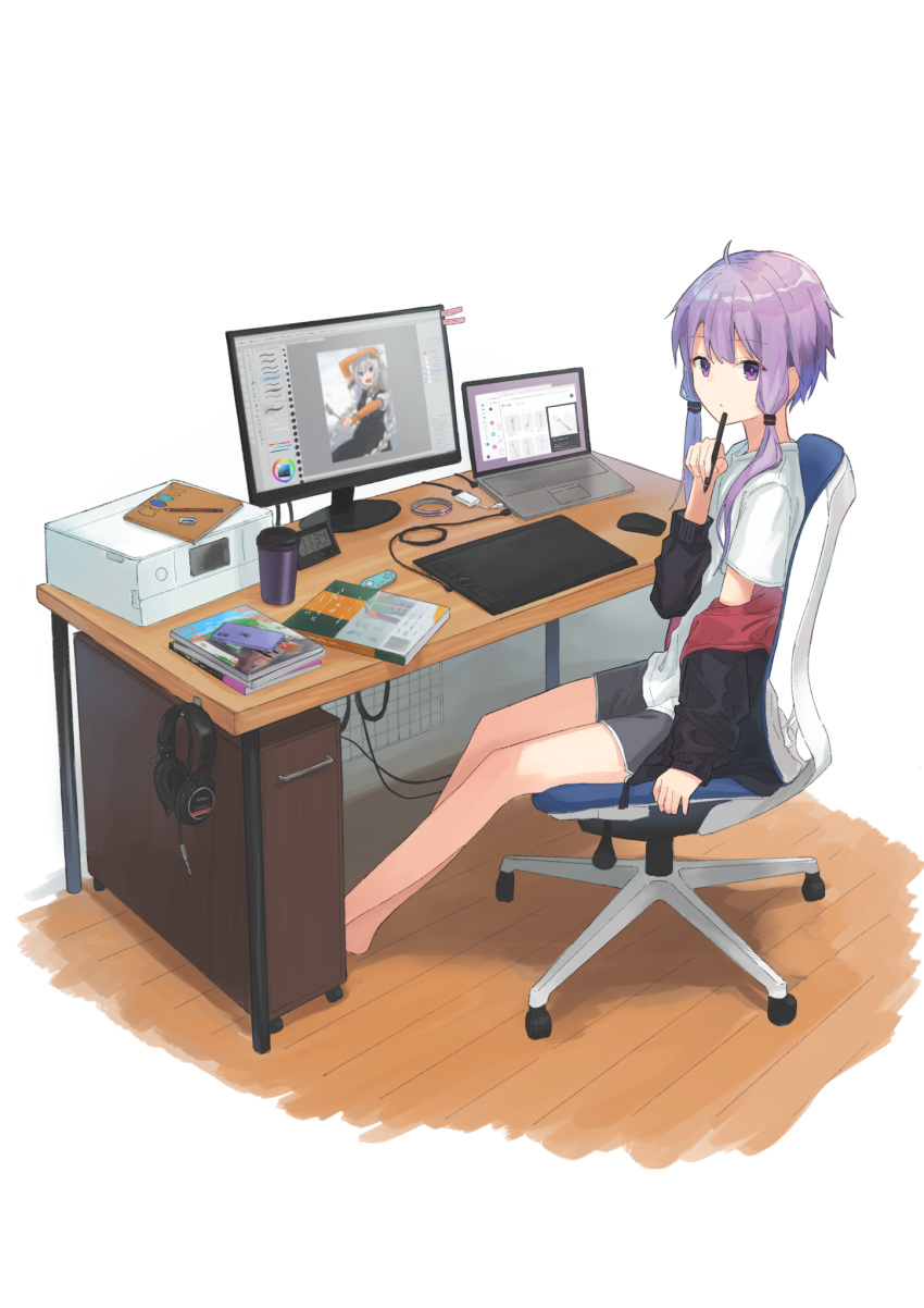 1girl adapter black_dress black_jacket blue_eyes book braid cable chair clock coffee_cup commentary computer cup desk digital_clock disposable_cup drawing_tablet dress elbow_gloves english_commentary eraser expressionless faux_figurine flat_chest gloves grey_hair hair_tie headphones highres holding holding_stylus hook indoors jacket kizuna_akari laptop long_hair looking_at_viewer looking_to_the_side minatsuki_(m1natsuk1) monitor mouse_(computer) open_clothes open_jacket open_mouth orange_gloves painttool_sai pen_to_mouth pencil phone purple_hair scanner shirt short_hair_with_long_locks short_sleeves shorts sidelocks sitting sketchbook stylus twin_braids very_long_hair violet_eyes vocaloid voiceroid white_background white_shirt wireless_mouse wooden_floor yuzuki_yukari