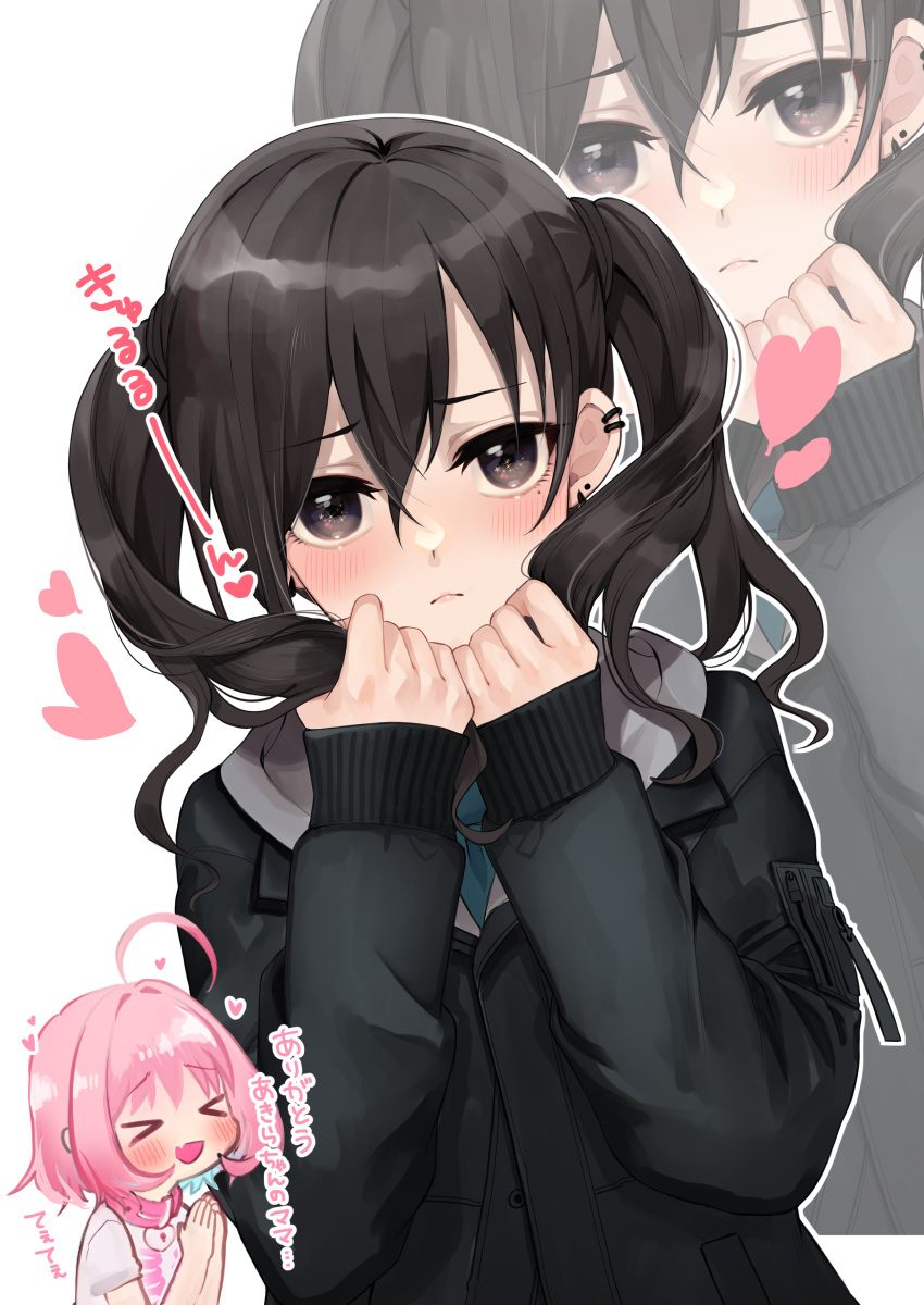 &gt;o&lt; 2girls absurdres ahoge black_hair black_jacket blush ear_piercing embarrassed eyebrows_visible_through_hair fang hair_intakes hands_together heart highres holding holding_hair idolmaster idolmaster_cinderella_girls jacket leather_choker looking_at_viewer mole mole_under_eye multicolored_hair multiple_girls piercing pink_hair praying skin_fang solo_focus sunazuka_akira twintails upper_body woruka yumemi_riamu zoom_layer
