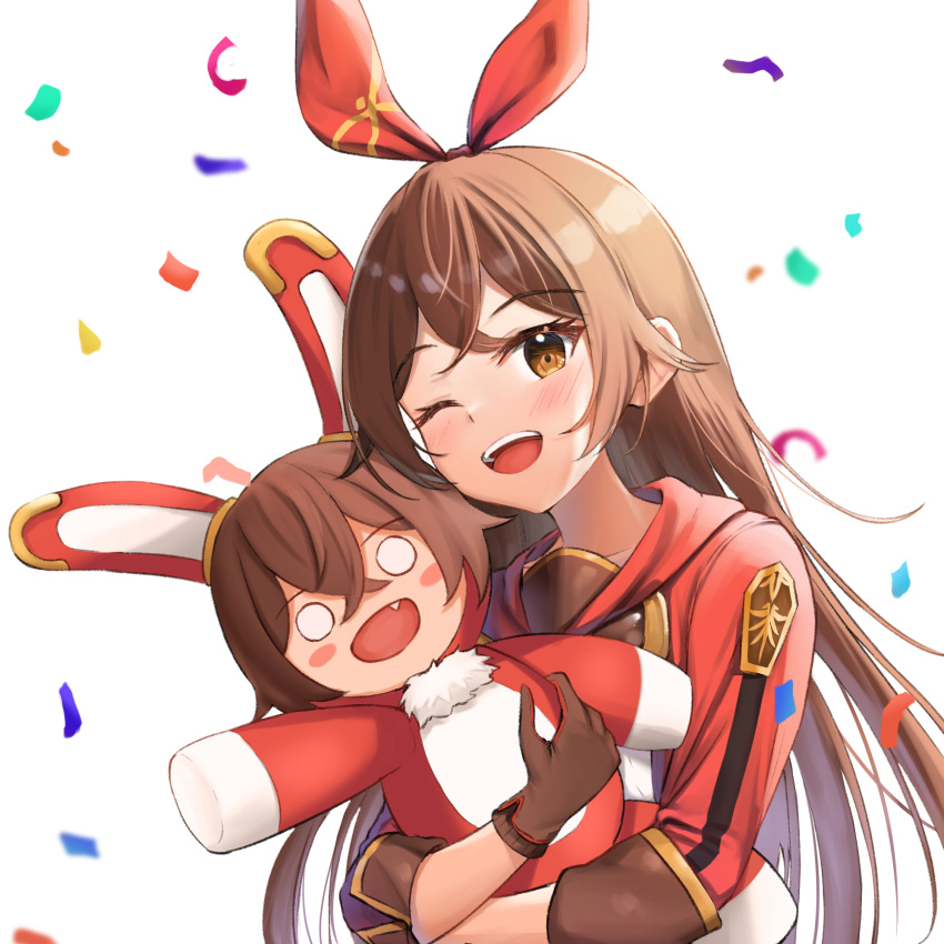 1girl ;d amber_(genshin_impact) bangs baron_bunny_(genshin_impact) blush blush_stickers brown_eyes brown_gloves brown_hair confetti eyebrows_visible_through_hair fang genshin_impact gloves hair_ribbon highres long_hair long_sleeves looking_at_viewer o_o object_hug one_eye_closed open_mouth qoray7 red_ribbon ribbon simple_background smile solo stuffed_animal stuffed_bunny stuffed_toy upper_body upper_teeth very_long_hair white_background