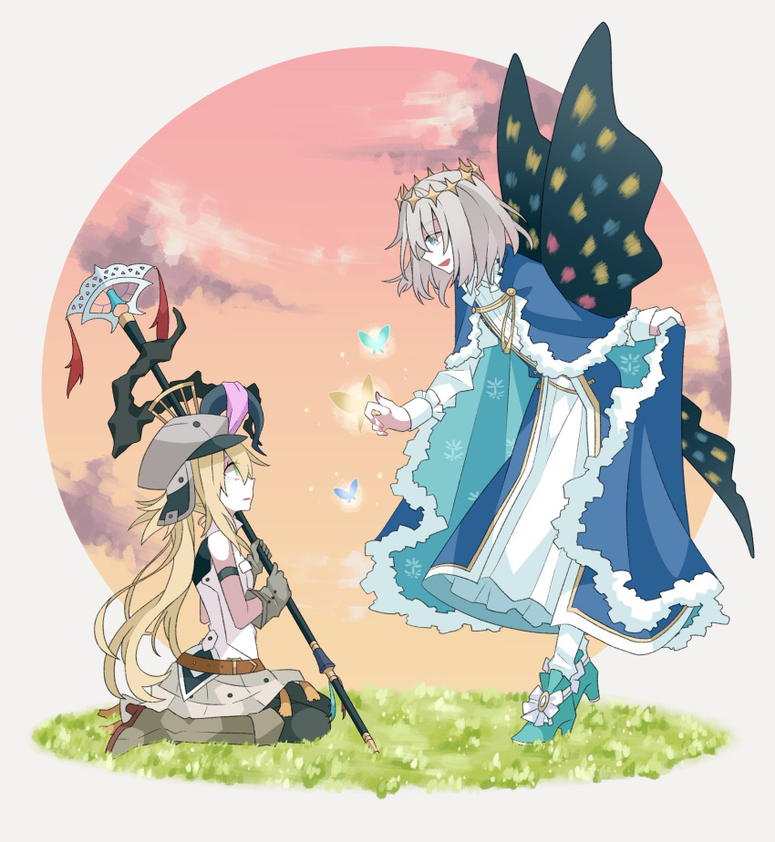 1boy 1girl artoria_pendragon_(caster)_(fate) artoria_pendragon_(fate) boots bug butterfly butterfly_wings cape crown fate/grand_order fate_(series) fur-trimmed_cape fur_trim gloves hat highres insect kujiramaru long_hair oberon_(fate) pantyhose sitting staff wariza wings