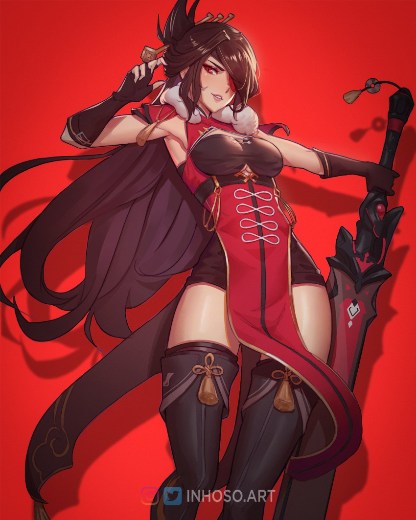 1girl bangs beidou_(genshin_impact) black_gloves black_hair black_shorts boots dress english_commentary eyepatch fingerless_gloves genshin_impact gloves hair_over_one_eye head_tilt highres holding holding_sword holding_weapon inhoso long_hair one_eye_covered parted_lips pelvic_curtain red_background red_dress shorts solo sword thigh-highs thigh_boots tied_hair weapon