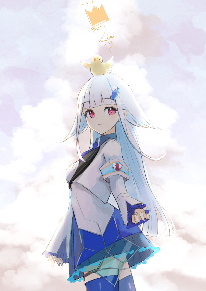 1girl absurdres animal_on_head armband blue_hair blue_legwear blue_neckwear blue_skirt breasts closed_mouth clouds cloudy_sky cowboy_shot day highres jacket lize_helesta long_hair long_sleeves looking_at_viewer looking_to_the_side multicolored_hair nijisanji ogura_tubuan on_head outdoors red_eyes safety_pin sebastian_piyodore see-through shirt skirt sky sleeves_past_wrists small_breasts smile thigh-highs two-tone_hair very_long_hair virtual_youtuber white_hair white_jacket white_shirt