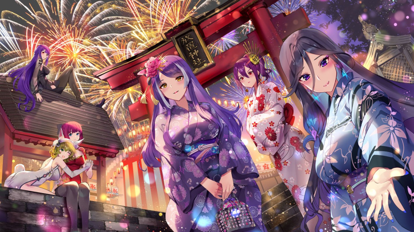 6+girls bangs black_hair black_legwear blonde_hair blue_eyes breasts dress earrings eyebrows_visible_through_hair fireworks flower hair_flower hair_ornament happy houchi_shoujo japanese_clothes jewelry kimono lantern lips long_hair looking_at_viewer multiple_girls night on_roof outstretched_arm purple_hair rabbit_tail red_eyes redhead sash side_slit smile standing summer summer_festival tail thigh-highs violet_eyes yellow_eyes yoshimoto_(dear_life)