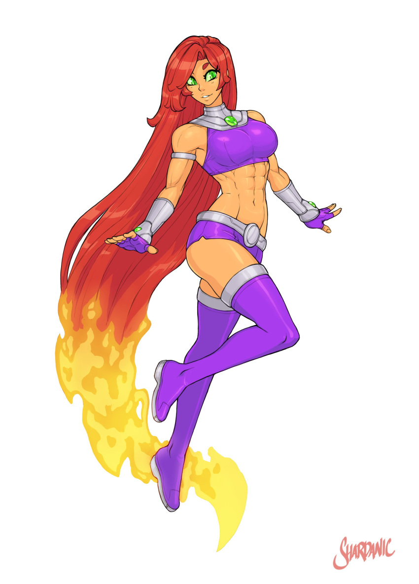 1girl abs absurdres armband artist_name bare_shoulders boots breasts dc_comics english_commentary fingerless_gloves fire gloves green_eyes highres large_breasts long_hair midriff muscular muscular_female navel parted_lips redhead shardanic short_shorts shorts simple_background sleeveless solo starfire teen_titans teeth thigh-highs thigh_boots very_long_hair watermark white_background