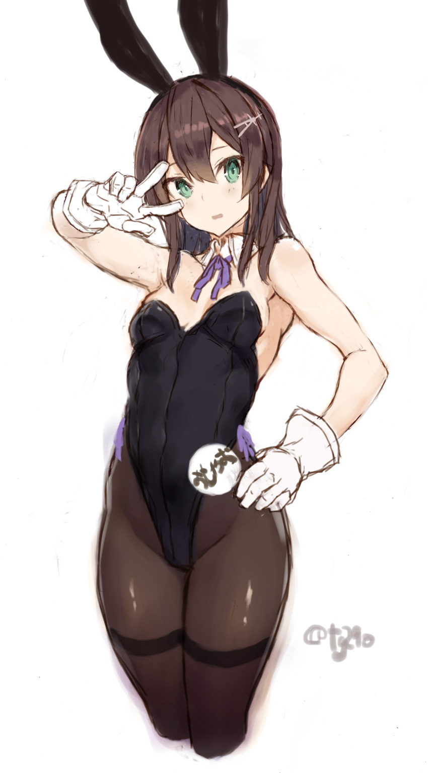 1girl absurdres animal_ears bangs black_hair black_legwear black_leotard blush breasts character_name cropped_legs detached_collar fake_animal_ears gloves green_eyes hair_ornament hairband hairclip hand_on_hip highleg highleg_leotard highres kantai_collection leotard long_hair neck_ribbon one-hour_drawing_challenge oyashio_(kancolle) pantyhose parted_lips playboy_bunny purple_neckwear rabbit_ears ribbon ryo_(tg290) small_breasts solo thighband_pantyhose twitter_username w_over_eye white_gloves