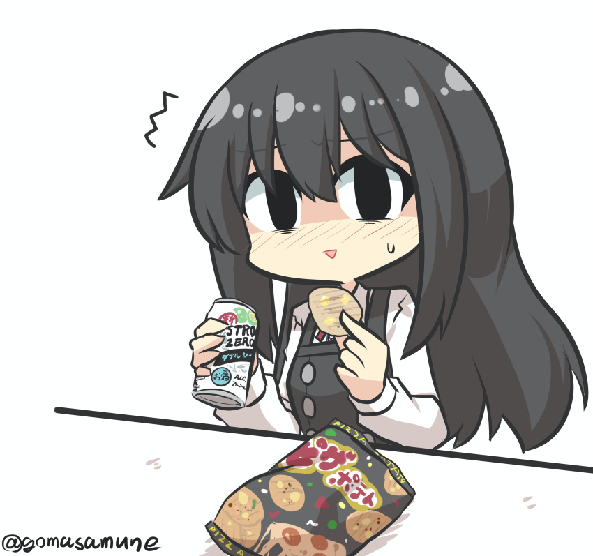 1girl :&gt; ^^^ absurdres asashio_(kancolle) bag_of_chips bangs black_dress black_eyes black_hair blush can chips collared_shirt commission dress eyebrows_visible_through_hair food goma_(gomasamune) hair_between_eyes highres holding holding_can holding_food kantai_collection long_hair long_sleeves looking_at_viewer nose_blush parted_lips pinafore_dress potato_chips remodel_(kantai_collection) shirt simple_background skeb_commission sleeveless sleeveless_dress solo strong_zero sweat triangle_mouth twitter_username upper_body very_long_hair white_background white_shirt