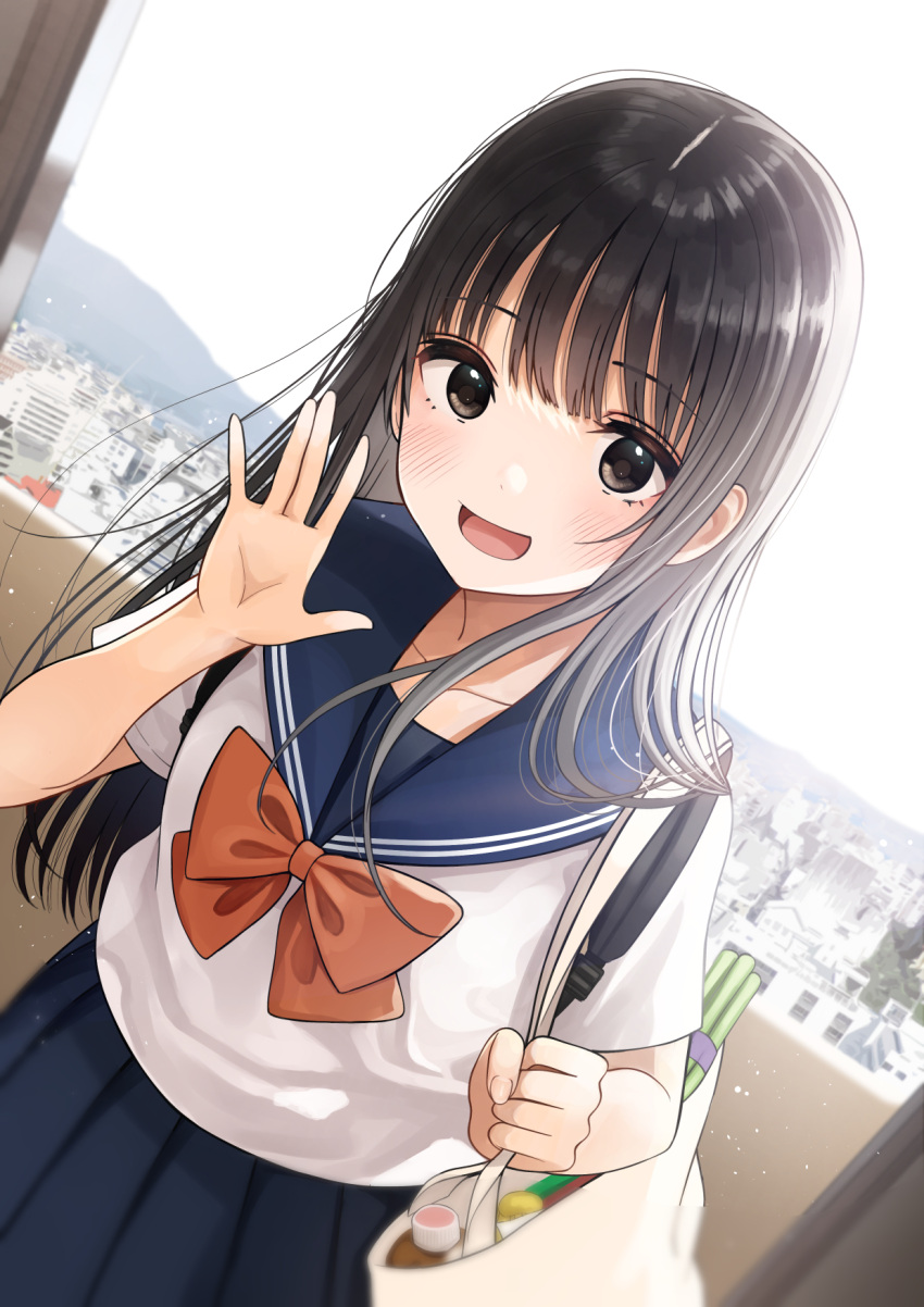 1girl :d bag bangs black_hair blue_sailor_collar blue_skirt blush bow brown_eyes cityscape commentary_request day eyebrows_visible_through_hair hand_up highres holding_strap kentaurosu long_hair looking_at_viewer open_mouth original outdoors pleated_skirt red_bow sailor_collar school_uniform serafuku shirt short_sleeves skirt sky smile solo very_long_hair white_shirt