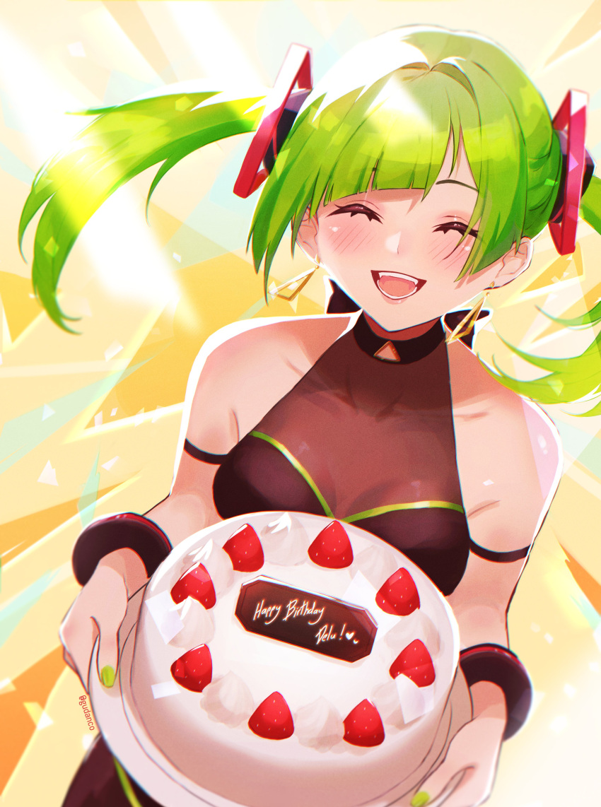 1girl ^_^ absurdres arm_strap bangs blush bracelet breasts cake closed_eyes collarbone delutaya earrings english_commentary eyebrows_visible_through_hair food fruit green_nails gudanco_(nyanmeowzer) halter_top halterneck highres holding holding_plate indie_virtual_youtuber jewelry medium_breasts open_mouth plate short_hair smile solo strawberry triangle_earrings twintails virtual_youtuber