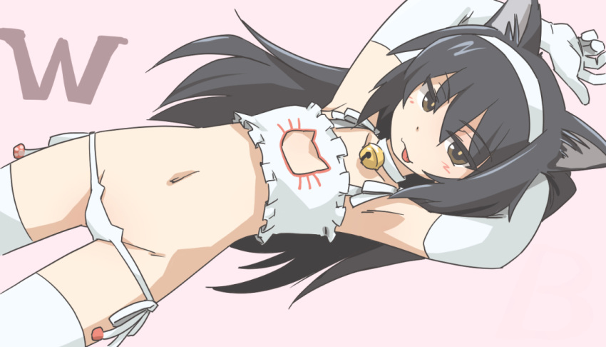 1girl :p arms_up bangs bell black_hair bra brown_eyes cat_cutout cat_ear_panties cat_lingerie choker closed_mouth clothing_cutout eyebrows_visible_through_hair flat_chest frilled_bra frills girls_und_panzer gloves groin hairband half-closed_eyes long_hair looking_at_viewer lowleg lowleg_panties lying meme_attire navel neck_bell on_back panties pink_background reizei_mako side-tie_panties simple_background smile solo string_panties tewarusa thigh-highs tongue tongue_out underwear underwear_only white_bra white_choker white_gloves white_hairband white_legwear