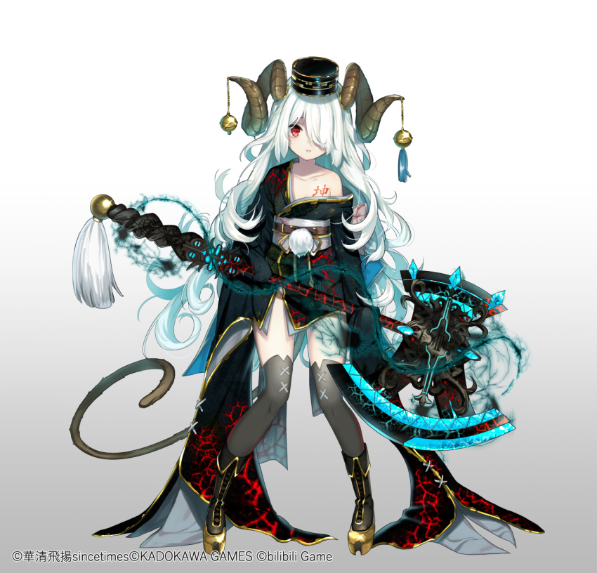1girl aura axe bangs black_footwear black_headwear black_kimono boots commentary_request copyright_request curled_horns dark_aura eyebrows_behind_hair full_body gradient gradient_background grey_background grey_legwear hair_over_one_eye hat highres holding holding_axe horns itamidome japanese_clothes kimono long_hair long_sleeves looking_at_viewer mini_hat obi off_shoulder official_art parted_lips platform_footwear red_eyes sash sleeves_past_fingers sleeves_past_wrists solo standing thigh-highs thighhighs_under_boots very_long_hair watermark white_background white_hair