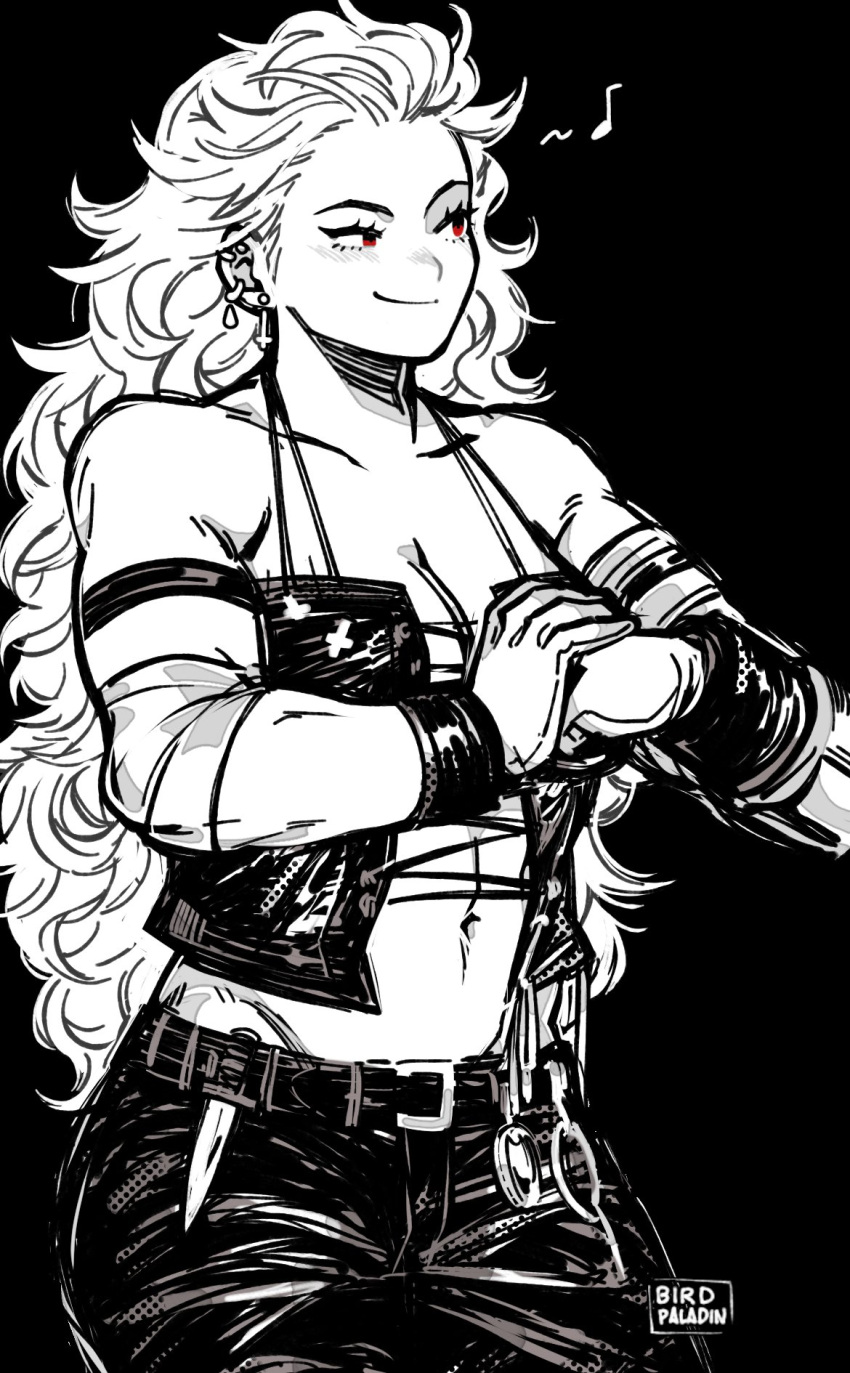 1girl abs artist_request blush breasts dorohedoro earrings gloves hair_ornament highres jewelry large_breasts long_hair looking_at_viewer monochrome muscular muscular_female navel noi_(dorohedoro) red_eyes simple_background smile solo white_hair