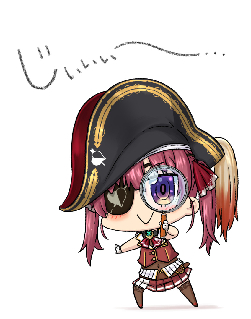 1girl :&gt; chibi covered_navel eyepatch gloves hat highres hololive houshou_marine magnifying_glass moroyan pirate_hat pleated_skirt redhead skirt smile solo thigh-highs twintails violet_eyes virtual_youtuber white_gloves