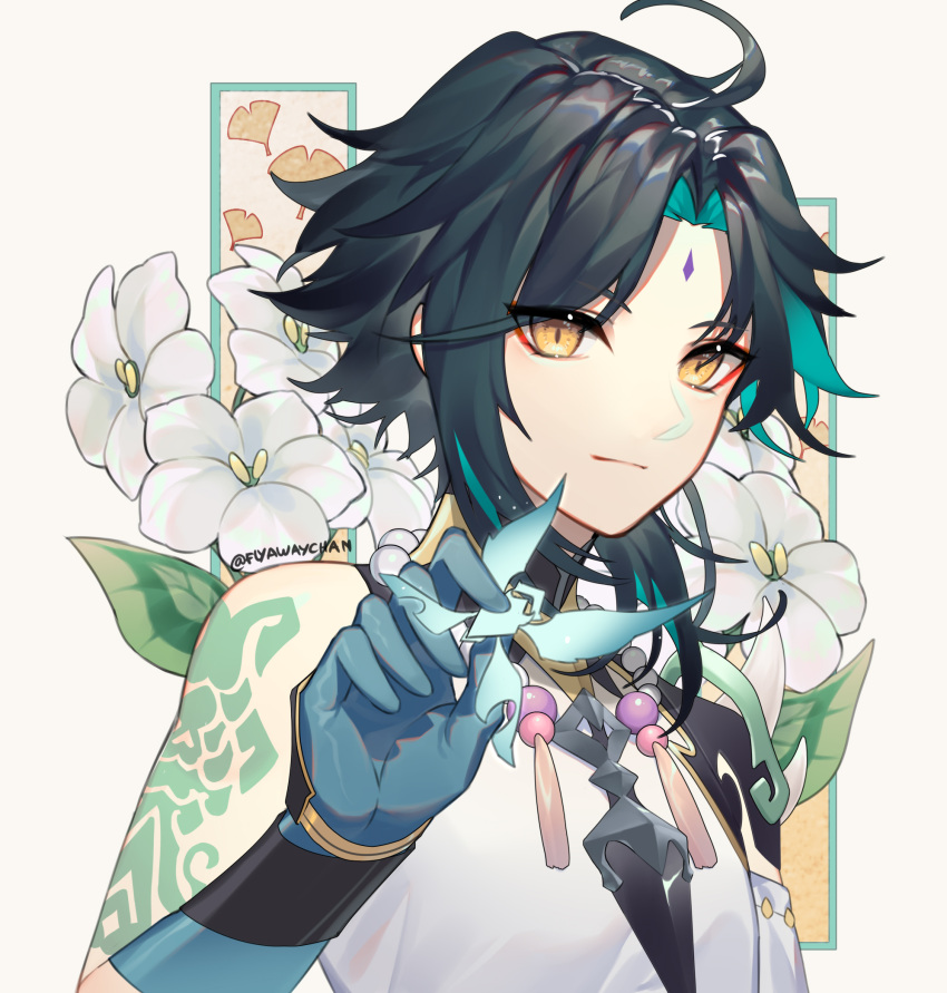 1boy ahoge arm_tattoo armor bare_shoulders bead_necklace beads black_hair closed_mouth creature eyebrows_visible_through_hair eyes_visible_through_hair eyeshadow facial_mark floral_background flower flyawaychan genshin_impact gloves green_gloves green_hair highres holding holding_creature jewelry leaf looking_at_viewer makeup male_focus medium_hair multicolored multicolored_hair necklace pauldrons red_eyes shoulder_armor single_bare_shoulder single_pauldron slit_pupils solo spikes tattoo turtleneck twitter_username upper_body white_flower wings xiao_(genshin_impact) yellow_eyes