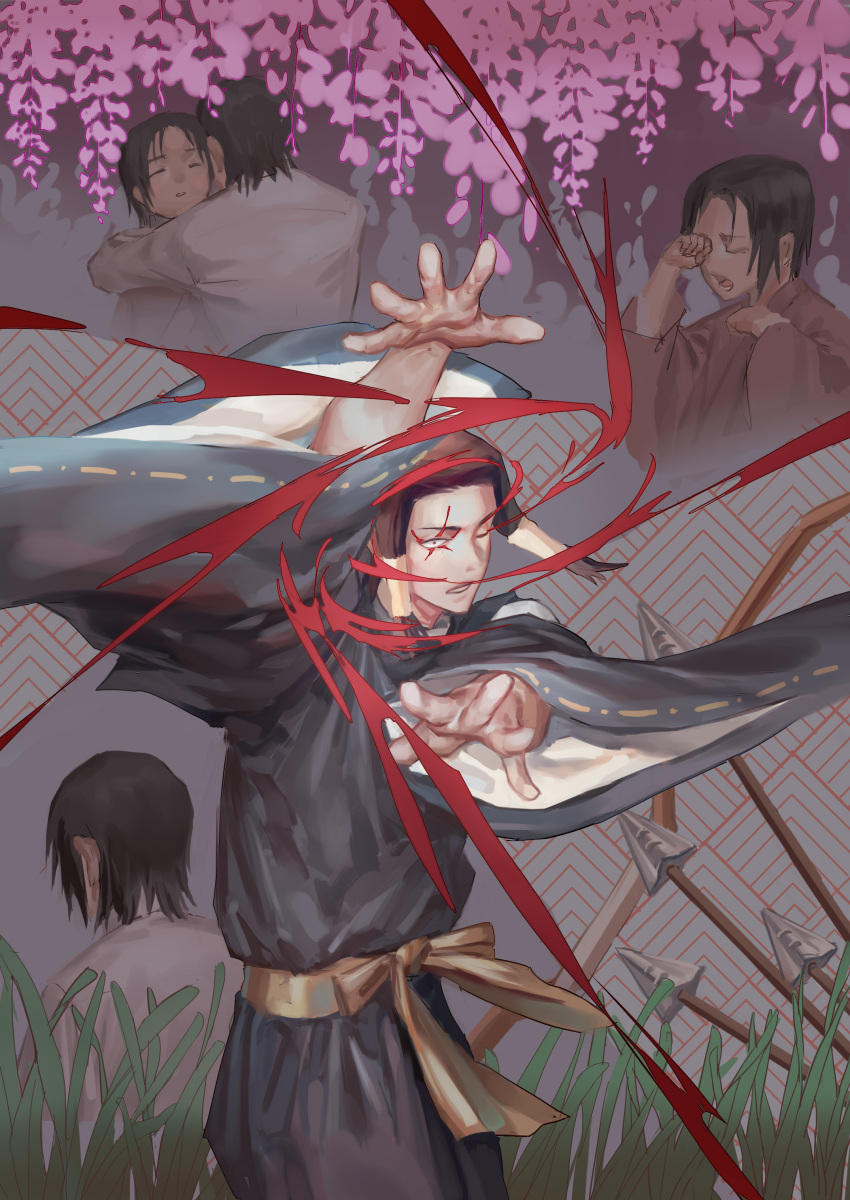 2boys absurdres arrow_(projectile) attack back black_eyes black_hair blood brown_hair character_request closed_eyes crying flower grass hejia_abby highres hug jujutsu_kaisen knot long_sleeves male_focus multiple_boys open_hands parted_lips patterned patterned_background pink_flower plant solo_focus vines wide_sleeves wisteria