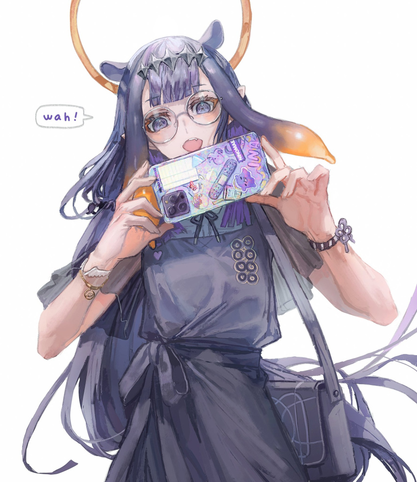 1girl bag bandaid black_ribbon blush bracelet eyebrows_visible_through_hair fangs fingernails frills glasses gold_bracelet gradient gradient_hair grey-framed_eyewear grey_bag halo highres holding holding_phone hololive hololive_english jewelry long_hair multicolored multicolored_hair neck_ribbon ninomae_ina'nis open_mouth orange_hair phone purple_hair quasarcake ribbon selfie simple_background solo speech_bubble sticker tako_(ninomae_ina'nis) teeth tentacle_hair upper_teeth very_long_hair violet_eyes virtual_youtuber white_background