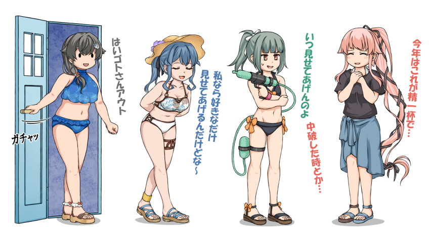 4girls bikini black_hair black_ribbon black_shirt blue_bikini blue_hair blue_sarong gotland_(kancolle) green_hair hair_flaps hair_ornament hair_ribbon hairclip highres jingei_(kancolle) kantai_collection long_hair multiple_girls navel official_alternate_costume pink_hair ponytail ribbon sandals sarong shirt short_sleeves standing suda_(yuunagi_enikki) swimsuit thigh_strap very_long_hair whale_hair_ornament white_bikini yura_(kancolle) yuubari_(kancolle)