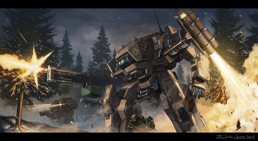 absurdres armor firing forest green_eyes gun helmet highres holding holding_gun holding_weapon mecha nature one-eyed open_hand original radio_antenna rocket science_fiction snow soldier solo_focus weapon zen_(jirakun)