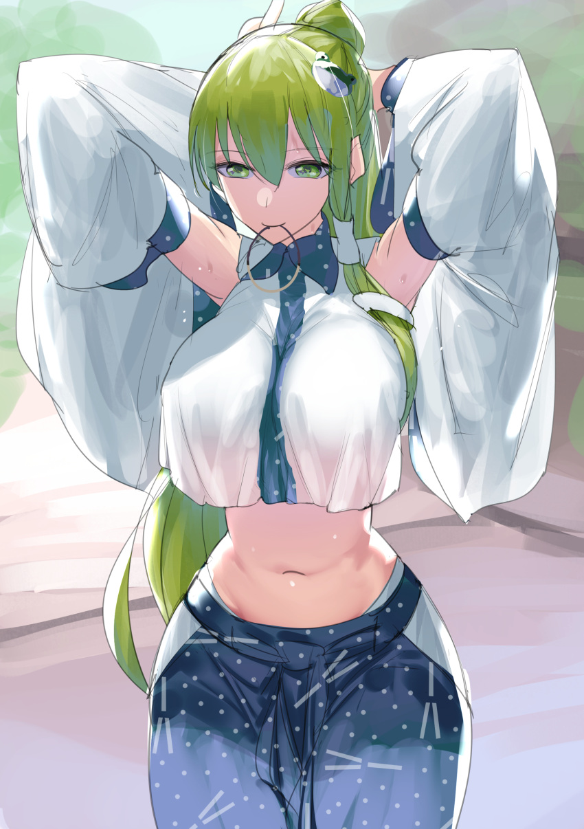 1girl absurdres alternate_hairstyle arms_behind_head bag breasts commentary_request detached_sleeves frog_hair_ornament green_eyes green_hair gunnjou_yosio hair_between_eyes hair_ornament hair_tie_in_mouth hair_tubes hairclip highres kochiya_sanae large_breasts midriff mouth_hold navel ponytail single_sidelock solo sweat touhou tying_hair wide_sleeves