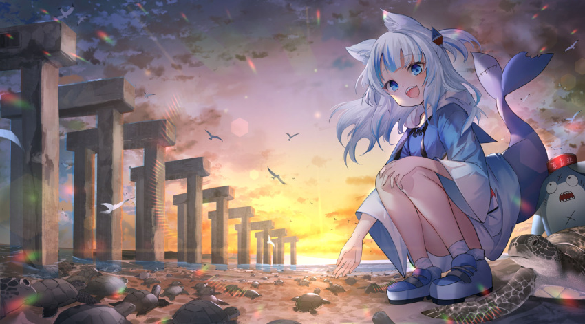 1girl :d animal animal_ear_fluff animal_ears bangs beach bloop_(gawr_gura) blue_eyes blue_footwear blue_hair blue_hoodie cat_ears commentary eyebrows_visible_through_hair fish_tail full_body fuyouchu gawr_gura hair_ornament hand_on_own_knee highres hololive hololive_english hood hood_down hoodie long_sleeves looking_at_viewer multicolored_hair open_mouth outdoors sea_turtle shark_hair_ornament shark_tail sharp_teeth shoes sky smile squatting streaked_hair sunset tail tail_raised teeth turtle two_side_up virtual_youtuber white_hair wide_sleeves