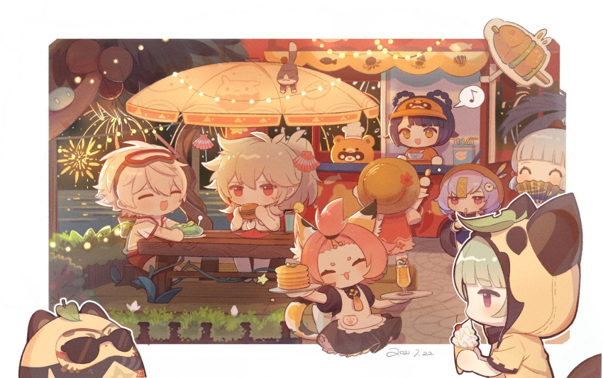 2boys 6+girls :3 alternate_costume animal animal_ears animal_hood apron bangs bangs_pinned_back bench bennett_(genshin_impact) blonde_hair blue_hair blunt_bangs bowl burger cat cat_ears cat_girl cat_tail chef_hat closed_eyes coconut coconut_tree cup daruma_doll dated diona_(genshin_impact) drinking_straw eating festival fireworks food genshin_impact grey_hair guoba_(genshin_impact) hair_between_eyes hair_ornament hair_rings hairclip hand_fan hat highres holding holding_fan hood hood_down hood_up ice_cream ice_cream_cone jacket kamisato_ayaka klee_(genshin_impact) leaf leaf_on_head long_hair low_twintails multiple_boys multiple_girls musical_note ofuda open_mouth outdoors palm_tree pancake pink_hair pointy_ears ponytail purple_hair qiqi_(genshin_impact) red_eyes sayu_(genshin_impact) seashell see-through shell short_sleeves shuangfeng sidelocks silver_hair sitting skewer slime_(genshin_impact) stall sunglasses table tail tray tree tree_stump twintails visor_cap white_apron xiangling_(genshin_impact)