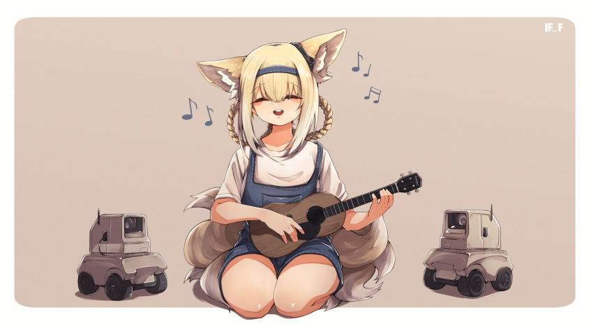 1girl absurdres animal_ear_fluff animal_ears arknights artist_name bangs blonde_hair blue_hairband blue_overalls border brown_background closed_eyes commentary earpiece eighth_note eyebrows_visible_through_hair fox_ears gradient_hair hair_rings hairband highres if_f instrument kyuubi lens_(arknights) medium_hair multicolored_hair multiple_tails music musical_note open_mouth playing_instrument quarter_note robot seiza shirt short_sleeves sitting smile solo suzuran_(arknights) t-shirt tail ukulele white_border white_hair white_shirt