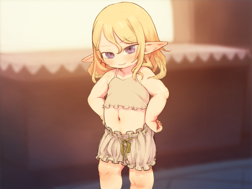 1girl bangs blonde_hair bloomers blurry blurry_background blush camisole child closed_mouth commentary_request contrapposto elf eyebrows_visible_through_hair feet_out_of_frame feral_lemma flat_chest hair_between_eyes hands_on_hips head_tilt highres looking_at_viewer medium_hair midriff navel no_nose original photoshop_(medium) pointy_ears reward_available shadow sidelocks sleeveless smile solo standing tsurime underwear underwear_only violet_eyes