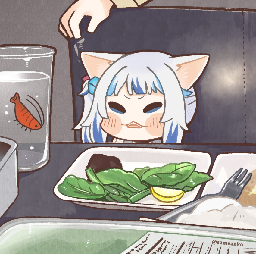 1girl animal_ears bangs blue_eyes blue_hair blunt_bangs cat_ears commentary cup drinking_glass fork gawr_gura highres hololive hololive_english leaf meme multicolored_hair open_mouth parody same_anko sharp_teeth shrimp solo_focus streaked_hair symbol-only_commentary table teeth twitter_username two-tone_hair virtual_youtuber water white_hair woman_yelling_at_cat