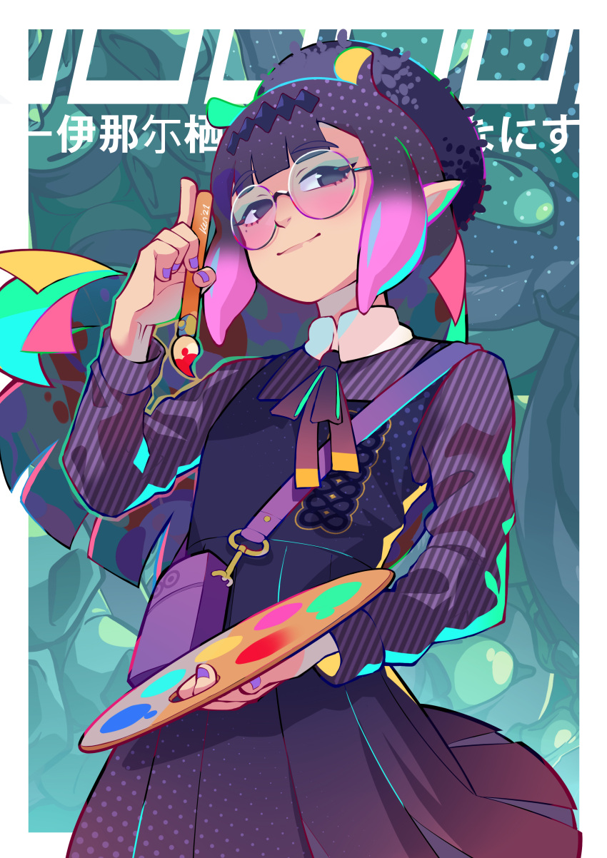 1girl absurdres closed_mouth glasses highres holding holding_paintbrush holding_palette hololive hololive_english keenbiscuit mole mole_under_eye ninomae_ina'nis paintbrush palette_(object) pointy_ears purple_hair purple_nails tentacle_hair virtual_youtuber