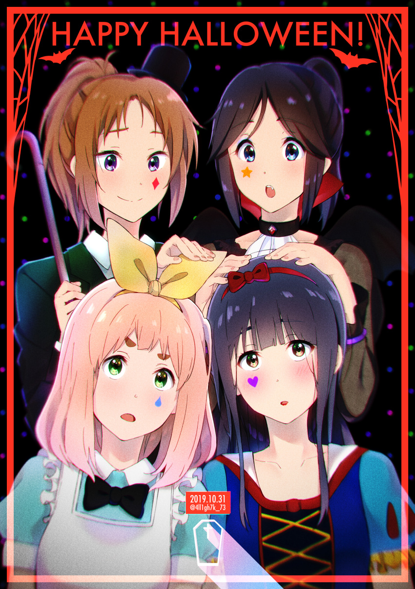 4girls :o absurdres apron bangs black_hair black_jacket blazer blonde_hair blue_dress blue_eyes blue_hair blush brown_hair closed_mouth collared_shirt dated dress dress_shirt green_dress green_eyes hair_ribbon halloween halloween_costume hand_on_another's_head hands_up headband hibike!_euphonium highres jacket kasaki_nozomi long_hair looking_at_another maid maid_apron medium_hair multiple_girls nakagawa_natsuki open_mouth ponytail ribbon rorigahaku shirt short_sleeves smile vampire_costume violet_eyes white_apron white_shirt yellow_eyes yellow_ribbon yoroizuka_mizore yoshikawa_yuuko