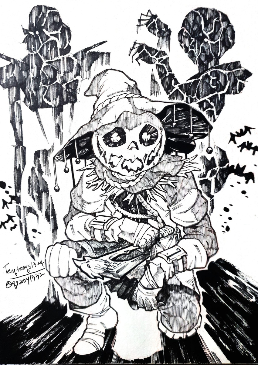1boy 1girl 1other absurdres ambiguous_gender apex_legends axe bloodhound_(apex_legends) greyscale hat highres holding holding_axe hood ink_(medium) jack-o'-lantern jacket looking_at_viewer monochrome outstretched_arms reddit_username revenant_(apex_legends) scarf shadow squatting tengtengs1234 traditional_media wattson_(apex_legends) witch_hat zombie_pose