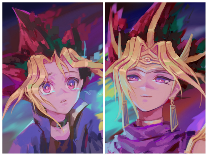 1boy atem bangs belt_collar black_shirt blonde_hair closed_mouth collar commentary crying earrings egyptian eyelashes floating_hair hejia_abby highres jacket jewelry light_smile looking_down looking_up male_focus multicolored_hair mutou_yuugi parted_lips pink_eyes portrait redhead shirt solo spiky_hair violet_eyes yami_yuugi yu-gi-oh!