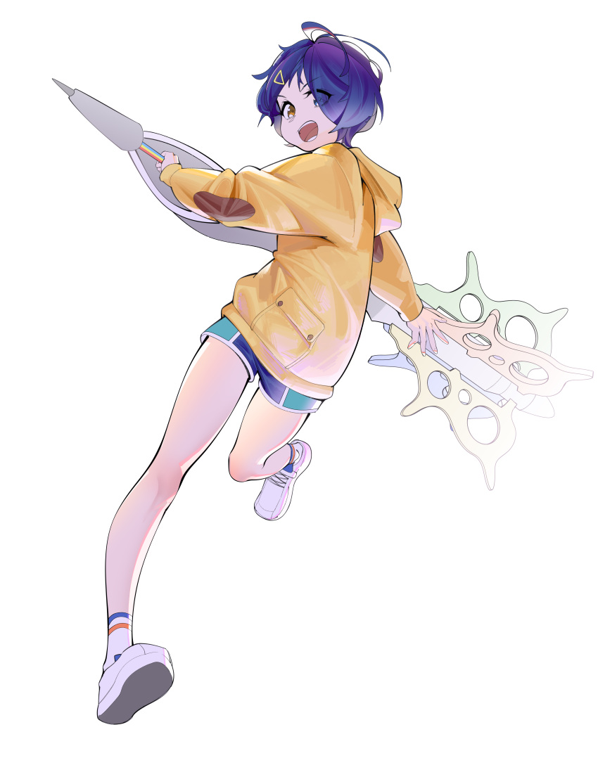 1girl absurdres blue_eyes blue_hair brown_eyes fabit_s fingernails heterochromia highres holding holding_pen hood hood_down hoodie ooto_ai open_mouth oversized_object pen running short_shorts shorts simple_background solo teeth tongue white_background white_footwear wonder_egg_priority yellow_hoodie