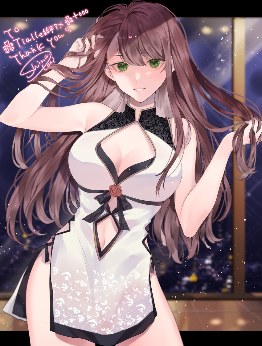 1girl absurdres artist_name bare_shoulders breasts brown_hair china_dress chinese_clothes cleavage_cutout clothing_cutout commission cowboy_shot dress english_commentary green_eyes hair_between_eyes highres large_breasts long_hair looking_at_viewer navel navel_cutout no_panties original parted_lips second-party_source shimatori_(sanyyyy) sleeveless solo standing teeth watermark