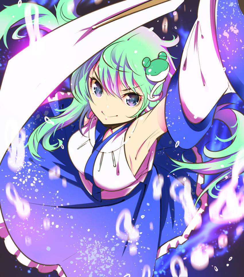 1girl absurdres armpits bangs blue_eyes blue_skirt closed_mouth detached_sleeves eyebrows_visible_through_hair frog_hair_ornament gohei green_hair hair_ornament highres holding ichizen_(o_tori) jewelry kochiya_sanae long_hair looking_at_viewer necklace nontraditional_miko one-hour_drawing_challenge shirt skirt smile snake_hair_ornament solo touhou v-shaped_eyebrows white_shirt